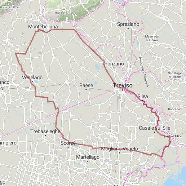 Miniatua del mapa de inspiración ciclista "Ruta de Grava a través de Vedelago y Treviso" en Veneto, Italy. Generado por Tarmacs.app planificador de rutas ciclistas