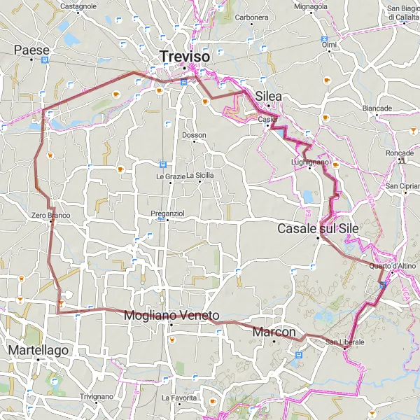 Miniatuurkaart van de fietsinspiratie "Gravelroute vanuit San Liberale - Mogliano Veneto - Quinto di Treviso - Treviso - Silea - Casale sul Sile" in Veneto, Italy. Gemaakt door de Tarmacs.app fietsrouteplanner