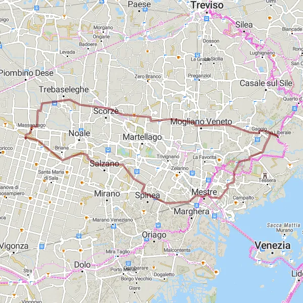 Zemljevid v pomanjšavi "Gravelska kolesarska pot iz Mestre preko Spinea, Massanzago, Scorzè do Marcona" kolesarske inspiracije v Veneto, Italy. Generirano z načrtovalcem kolesarskih poti Tarmacs.app