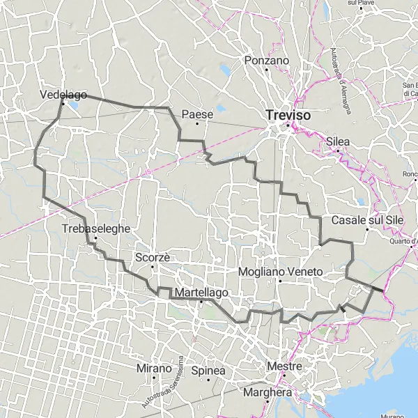 Kartminiatyr av "San Liberale til Marcon via Trivignano og Istrana" sykkelinspirasjon i Veneto, Italy. Generert av Tarmacs.app sykkelrutoplanlegger