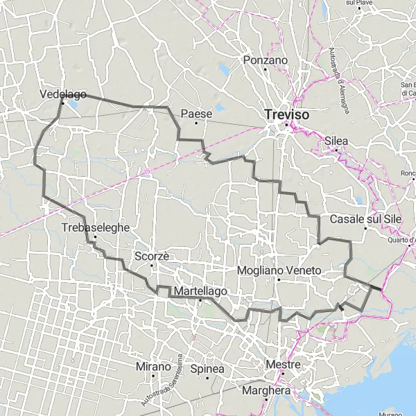 Miniatuurkaart van de fietsinspiratie "Avontuurlijke fietstocht van 90 km rond San Liberale" in Veneto, Italy. Gemaakt door de Tarmacs.app fietsrouteplanner