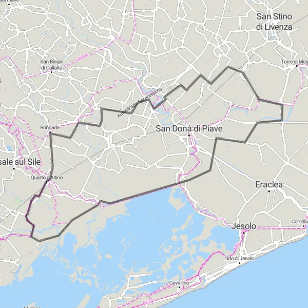 Zemljevid v pomanjšavi "Kolesarska pot okoli San Liberale - Quarto d'Altino - Fossalta di Piave - Ceggia - Isiata - Portegrandi" kolesarske inspiracije v Veneto, Italy. Generirano z načrtovalcem kolesarskih poti Tarmacs.app