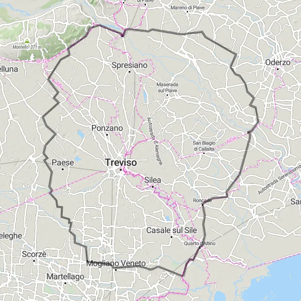 Miniatua del mapa de inspiración ciclista "Ruta de San Liberale a Mogliano Veneto y más" en Veneto, Italy. Generado por Tarmacs.app planificador de rutas ciclistas