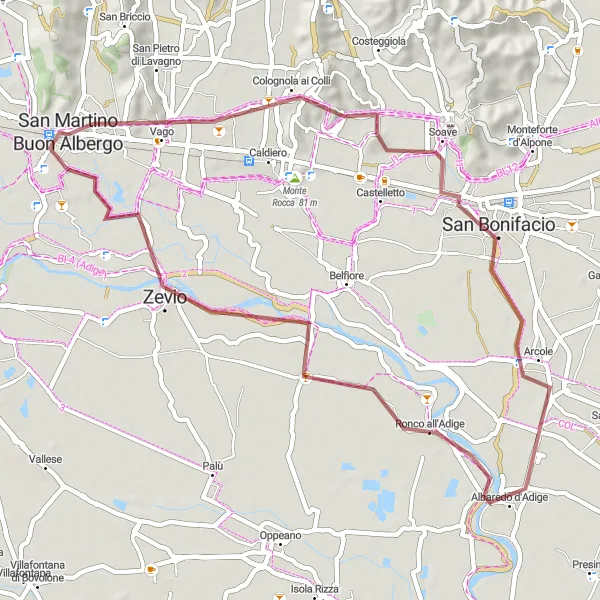 Kartminiatyr av "51 km Gravel Cycling Route near San Martino Buon Albergo" sykkelinspirasjon i Veneto, Italy. Generert av Tarmacs.app sykkelrutoplanlegger