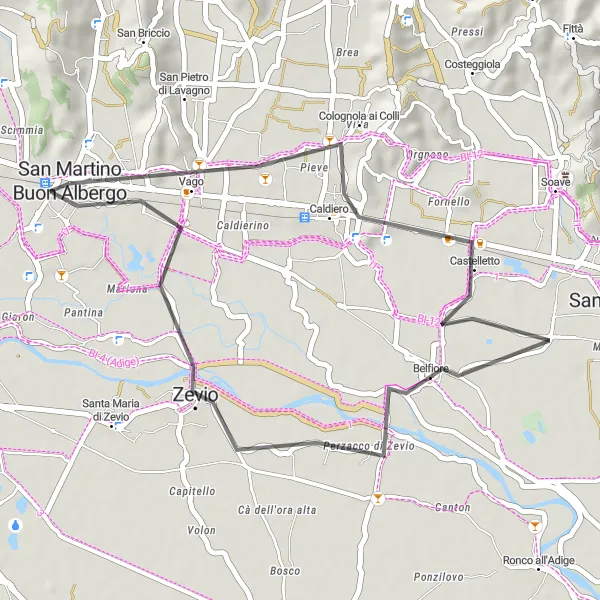 Kartminiatyr av "38 km Road Cycling Route near San Martino Buon Albergo" sykkelinspirasjon i Veneto, Italy. Generert av Tarmacs.app sykkelrutoplanlegger