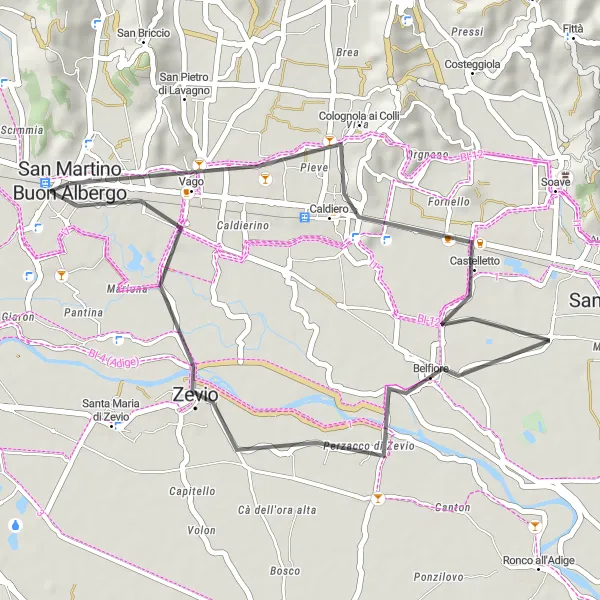 Miniatura della mappa di ispirazione al ciclismo "Itinerario tra natura e storia nelle campagne veronesi" nella regione di Veneto, Italy. Generata da Tarmacs.app, pianificatore di rotte ciclistiche