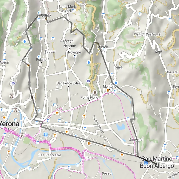 Miniatura della mappa di ispirazione al ciclismo "Tour enogastronomico tra le colline veronesi" nella regione di Veneto, Italy. Generata da Tarmacs.app, pianificatore di rotte ciclistiche