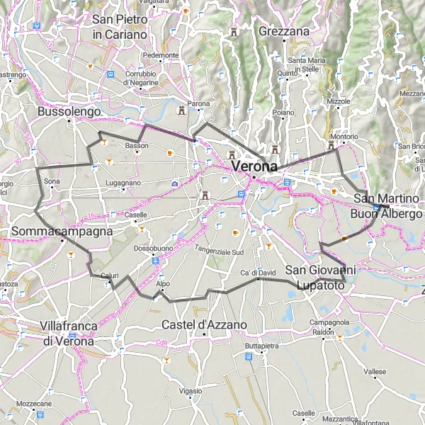 Miniaturní mapa "Zážitková jízda kolem Verony" inspirace pro cyklisty v oblasti Veneto, Italy. Vytvořeno pomocí plánovače tras Tarmacs.app