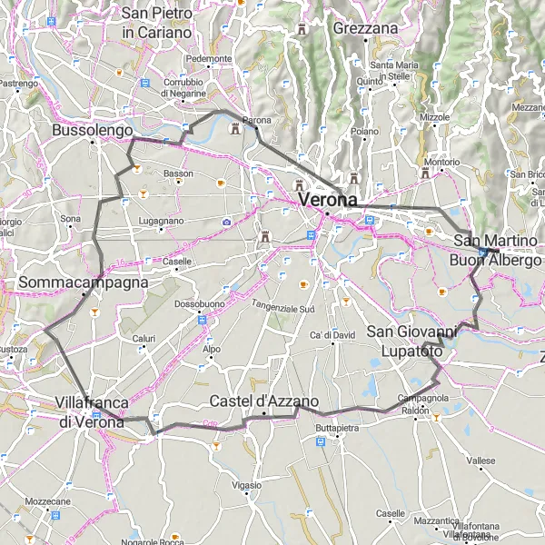 Mapa miniatúra "Cycling around San Martino Buon Albergo" cyklistická inšpirácia v Veneto, Italy. Vygenerované cyklistickým plánovačom trás Tarmacs.app