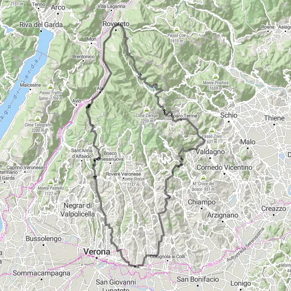 Miniatura della mappa di ispirazione al ciclismo "Scopri le Dolomiti Veronesi" nella regione di Veneto, Italy. Generata da Tarmacs.app, pianificatore di rotte ciclistiche