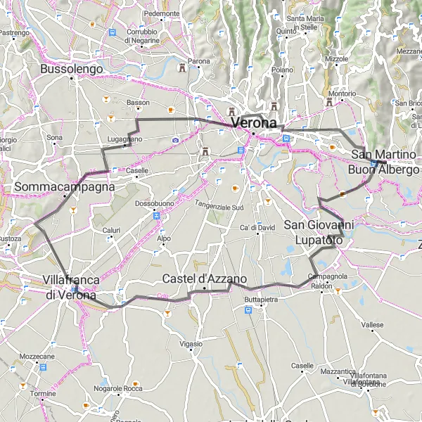 Miniatua del mapa de inspiración ciclista "Exploración de Verona y Castel San Pietro" en Veneto, Italy. Generado por Tarmacs.app planificador de rutas ciclistas