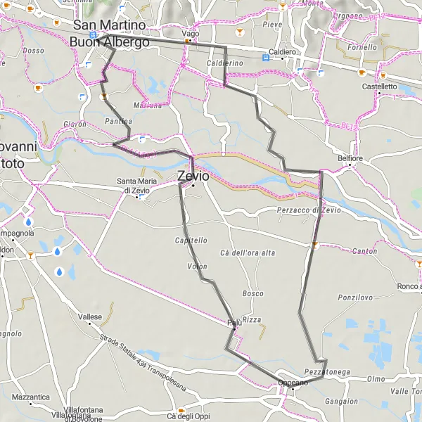 Miniatura mapy "Trasa przez Vago, Oppeano, Zevio i San Martino Buon Albergo" - trasy rowerowej w Veneto, Italy. Wygenerowane przez planer tras rowerowych Tarmacs.app