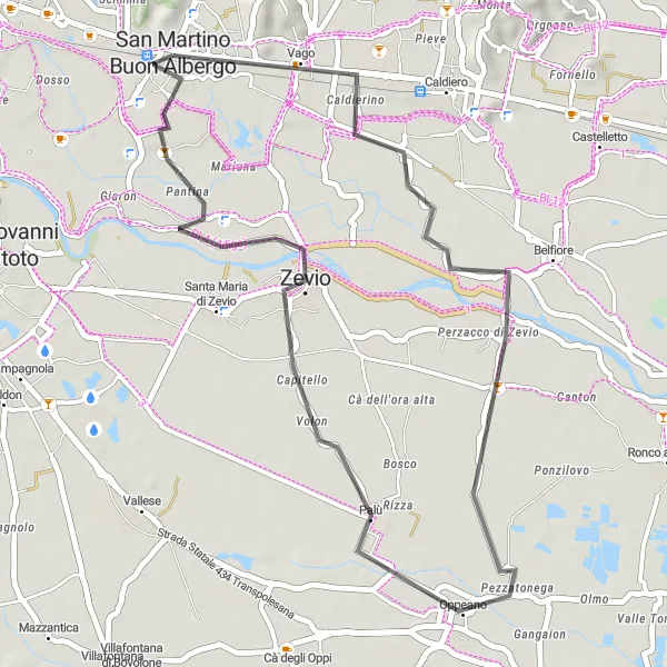 Miniatura della mappa di ispirazione al ciclismo "Itinerario ciclistico da Vago a San Martino Buon Albergo" nella regione di Veneto, Italy. Generata da Tarmacs.app, pianificatore di rotte ciclistiche