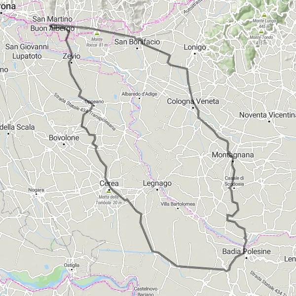 Map miniature of "San Martino Buon Albergo Loop via Monte Gazzo, San Bonifacio, and Montagnana" cycling inspiration in Veneto, Italy. Generated by Tarmacs.app cycling route planner