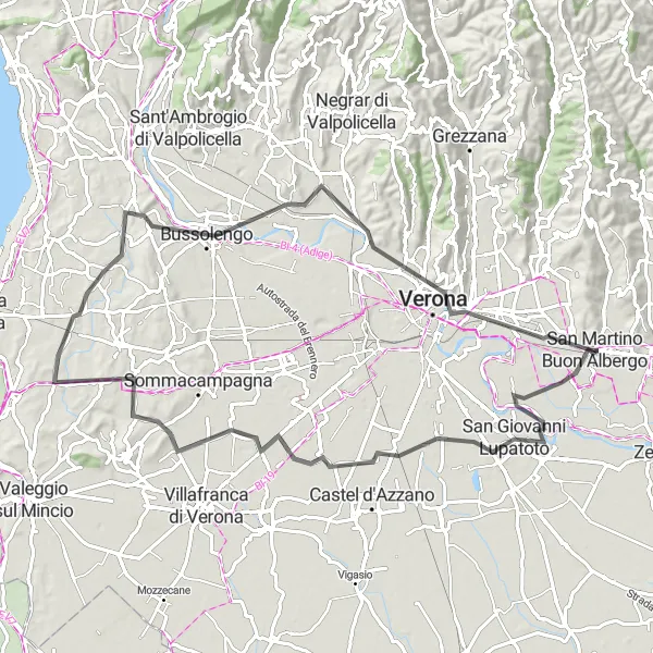Map miniature of "San Martino Buon Albergo Loop via San Giovanni Lupatoto, Caluri, and Castel San Pietro" cycling inspiration in Veneto, Italy. Generated by Tarmacs.app cycling route planner