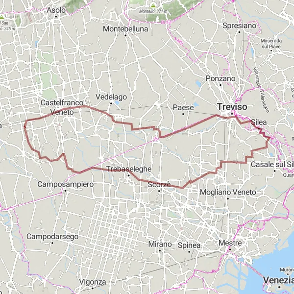 Mapa miniatúra "Gravelová cesta cez Veneto" cyklistická inšpirácia v Veneto, Italy. Vygenerované cyklistickým plánovačom trás Tarmacs.app
