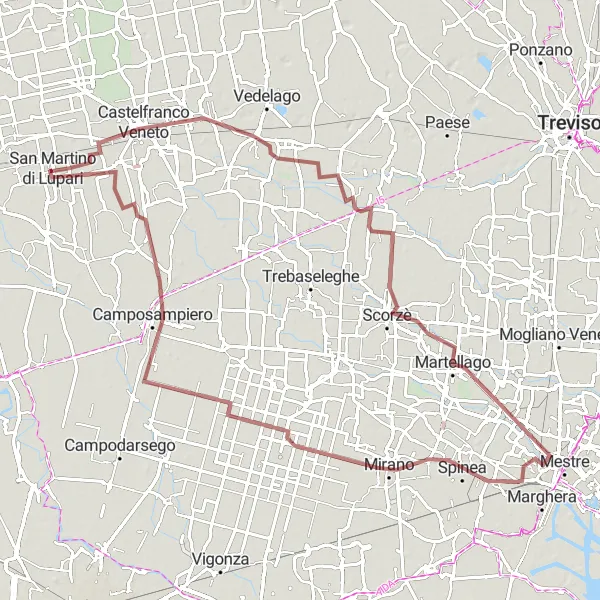 Miniatua del mapa de inspiración ciclista "Ruta de Grava a Santa Maria di Sala" en Veneto, Italy. Generado por Tarmacs.app planificador de rutas ciclistas