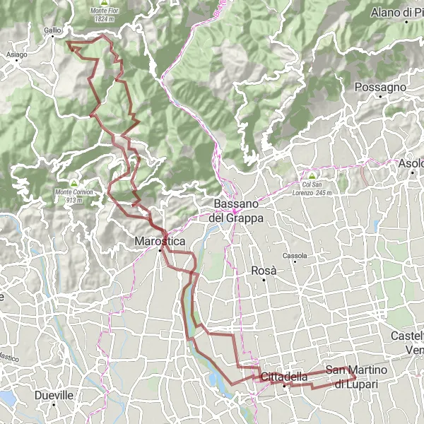 Miniaturekort af cykelinspirationen "Udforsk Grusveje i Monte Valbella" i Veneto, Italy. Genereret af Tarmacs.app cykelruteplanlægger