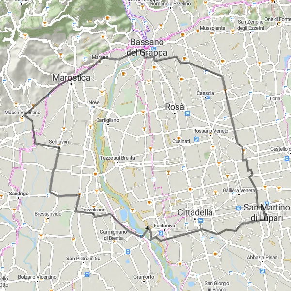 Miniatura mapy "Trasa do Pozzoleone i Bassano del Grappa" - trasy rowerowej w Veneto, Italy. Wygenerowane przez planer tras rowerowych Tarmacs.app