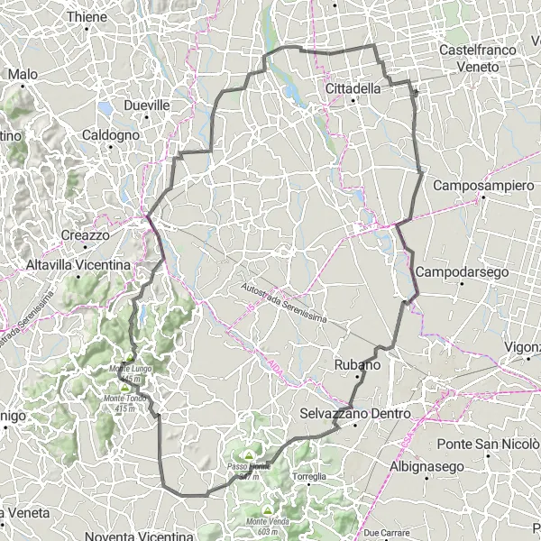 Miniatura della mappa di ispirazione al ciclismo "Avventura ciclistica da Vicenza a Galliera Veneta" nella regione di Veneto, Italy. Generata da Tarmacs.app, pianificatore di rotte ciclistiche