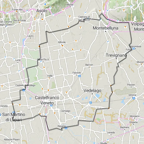 Miniatura della mappa di ispirazione al ciclismo "Giro dei Castelli" nella regione di Veneto, Italy. Generata da Tarmacs.app, pianificatore di rotte ciclistiche