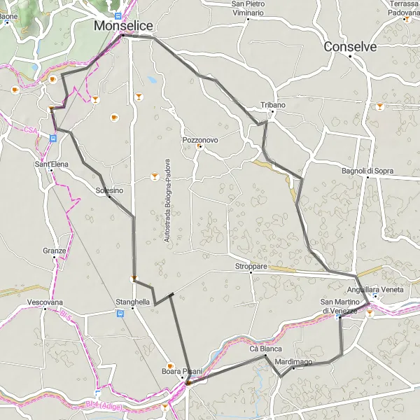 Miniatua del mapa de inspiración ciclista "Ruta escénica a Solesino" en Veneto, Italy. Generado por Tarmacs.app planificador de rutas ciclistas
