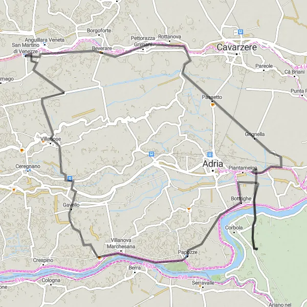 Miniatua del mapa de inspiración ciclista "Ruta de ciclismo en carretera a Pettorazza Grimani" en Veneto, Italy. Generado por Tarmacs.app planificador de rutas ciclistas