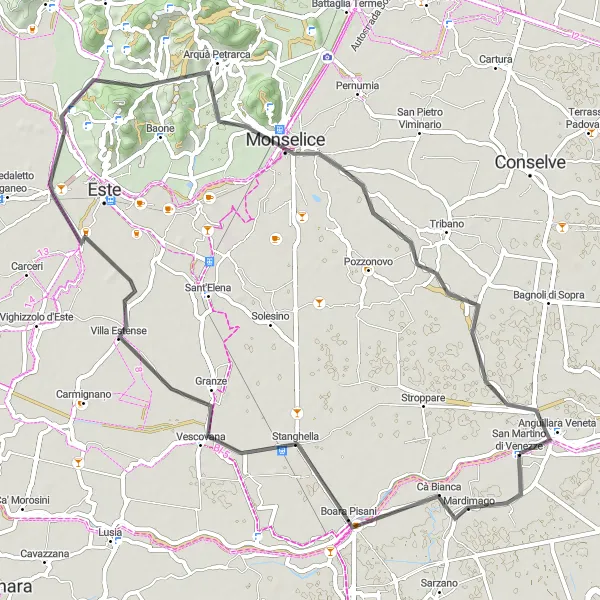 Miniatua del mapa de inspiración ciclista "Desafío en carretera a Monselice" en Veneto, Italy. Generado por Tarmacs.app planificador de rutas ciclistas
