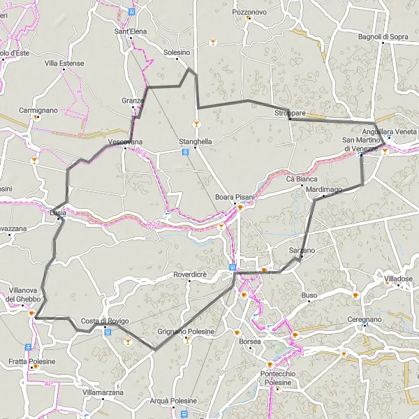 Miniature de la carte de l'inspiration cycliste "Exploration de la région de Rovigo en bicyclette" dans la Veneto, Italy. Générée par le planificateur d'itinéraire cycliste Tarmacs.app