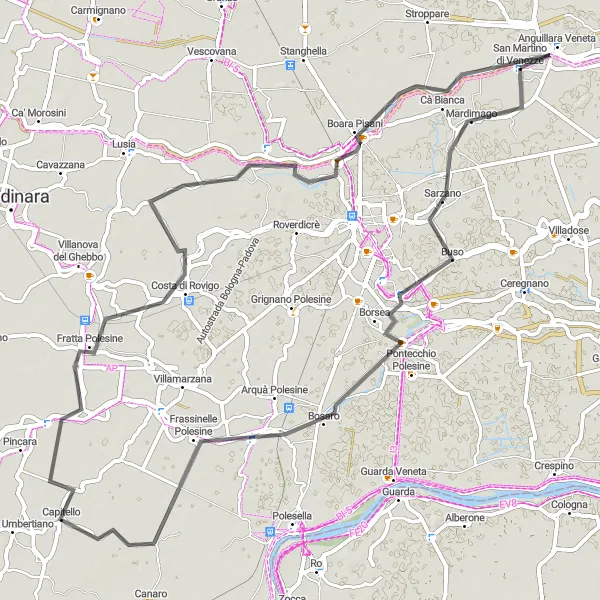 Miniatura della mappa di ispirazione al ciclismo "Colline e borghi" nella regione di Veneto, Italy. Generata da Tarmacs.app, pianificatore di rotte ciclistiche