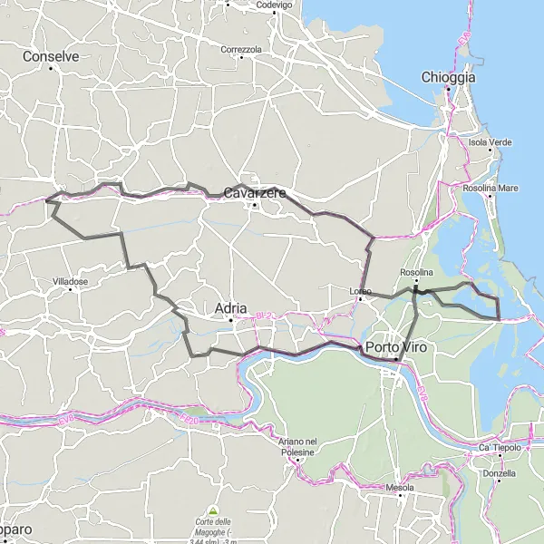 Miniature de la carte de l'inspiration cycliste "Tour unique à travers la campagne de Vénétie" dans la Veneto, Italy. Générée par le planificateur d'itinéraire cycliste Tarmacs.app