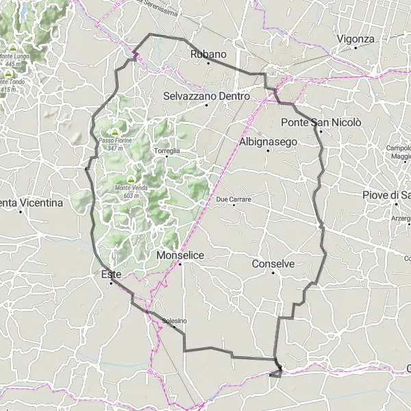 Zemljevid v pomanjšavi "Kolesarska pot Solesino - Anguillara Veneta" kolesarske inspiracije v Veneto, Italy. Generirano z načrtovalcem kolesarskih poti Tarmacs.app