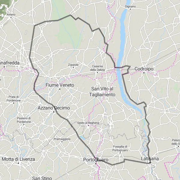Miniatuurkaart van de fietsinspiratie "Fietsroute naar Pordenone en Ronchis" in Veneto, Italy. Gemaakt door de Tarmacs.app fietsrouteplanner