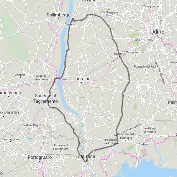 Map miniature of "Historical Ride to Palazzolo dello Stella" cycling inspiration in Veneto, Italy. Generated by Tarmacs.app cycling route planner