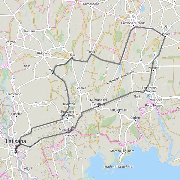 Map miniature of "Road Cycling Tour to Gonars" cycling inspiration in Veneto, Italy. Generated by Tarmacs.app cycling route planner