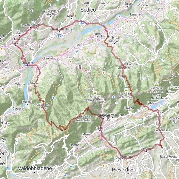 Miniatua del mapa de inspiración ciclista "Ruta de ciclismo de gravilla de San Pietro di Feletto a Corbanese" en Veneto, Italy. Generado por Tarmacs.app planificador de rutas ciclistas