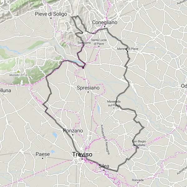 Miniaturní mapa "Cyklostezka přes Tezze di Piave, Spercenigo, Fiera, Belvedere, Nervesa della Battaglia a Santa Maria di Feletto" inspirace pro cyklisty v oblasti Veneto, Italy. Vytvořeno pomocí plánovače tras Tarmacs.app