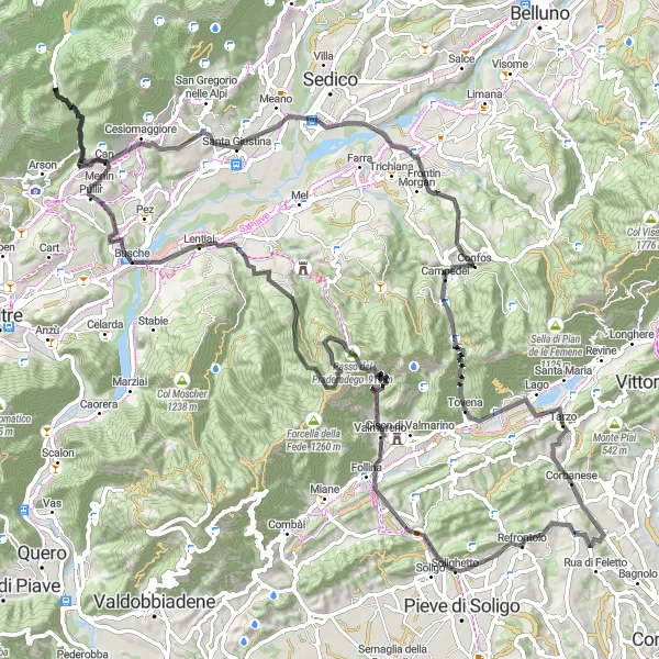 Miniatua del mapa de inspiración ciclista "Ruta de ciclismo de carretera de San Pietro di Feletto a Corbanese" en Veneto, Italy. Generado por Tarmacs.app planificador de rutas ciclistas