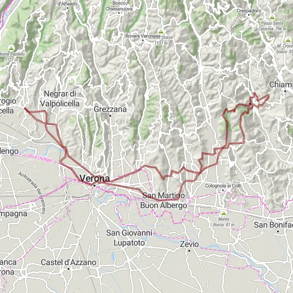 Miniatuurkaart van de fietsinspiratie "Verona en Valpolicella Graveltocht" in Veneto, Italy. Gemaakt door de Tarmacs.app fietsrouteplanner