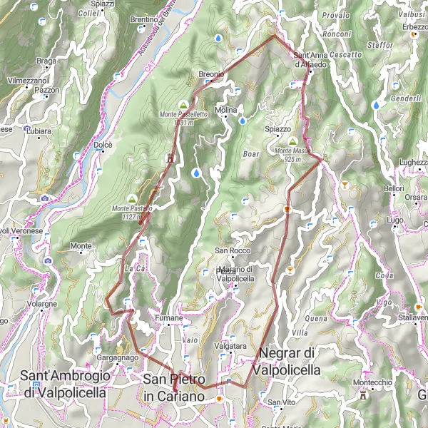 Miniaturní mapa "Gravelová cyklistická trasa kolem San Pietro in Cariano" inspirace pro cyklisty v oblasti Veneto, Italy. Vytvořeno pomocí plánovače tras Tarmacs.app