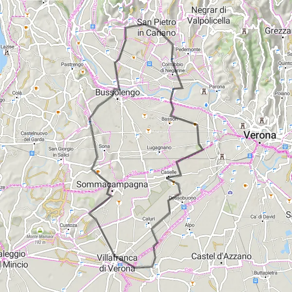 Miniature de la carte de l'inspiration cycliste "Exploration des terres viticoles autour de Verona" dans la Veneto, Italy. Générée par le planificateur d'itinéraire cycliste Tarmacs.app