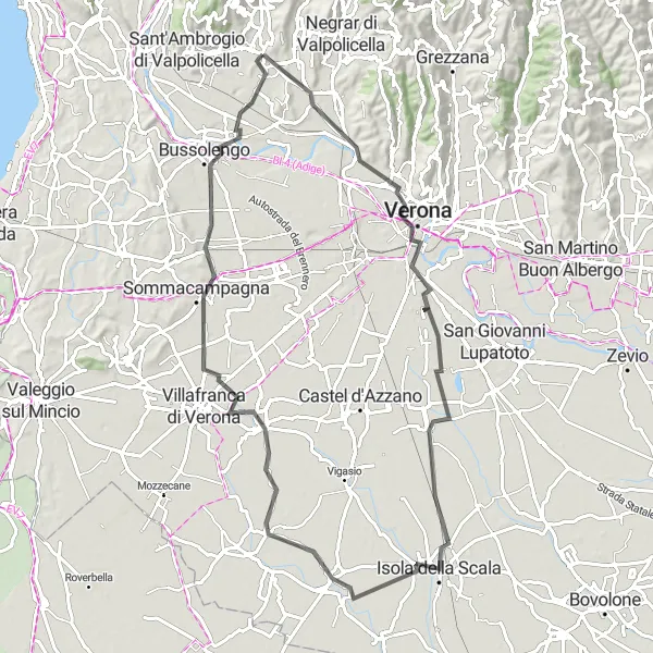 Mapa miniatúra "Okružná cyklotrasa Verona" cyklistická inšpirácia v Veneto, Italy. Vygenerované cyklistickým plánovačom trás Tarmacs.app