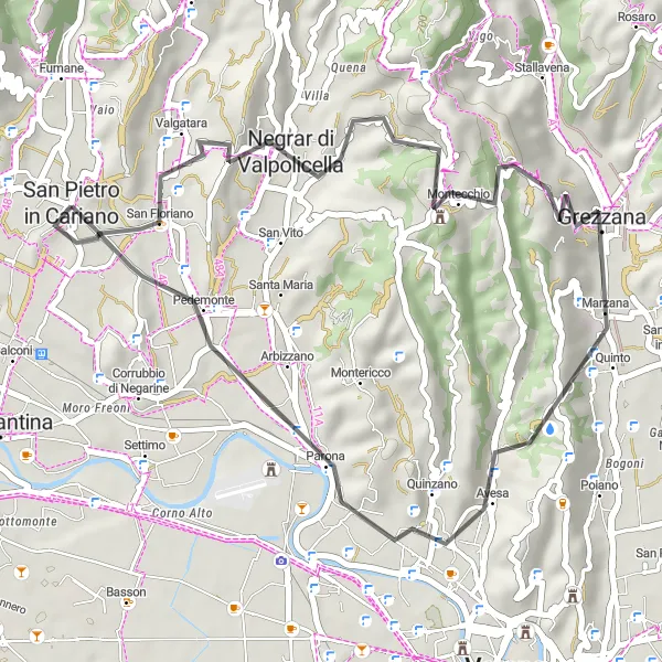 Zemljevid v pomanjšavi "Prijazna kolesarska tura v okolici San Pietro in Cariano" kolesarske inspiracije v Veneto, Italy. Generirano z načrtovalcem kolesarskih poti Tarmacs.app