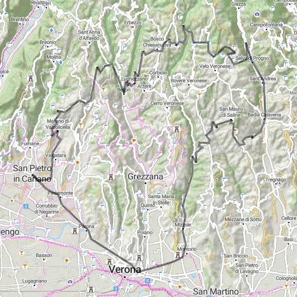 Miniaturní mapa "Výzva okolo Valpolicelly" inspirace pro cyklisty v oblasti Veneto, Italy. Vytvořeno pomocí plánovače tras Tarmacs.app