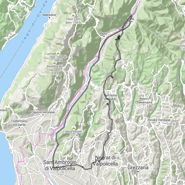 Miniatua del mapa de inspiración ciclista "Ruta de ciclismo de carretera por Valpolicella" en Veneto, Italy. Generado por Tarmacs.app planificador de rutas ciclistas