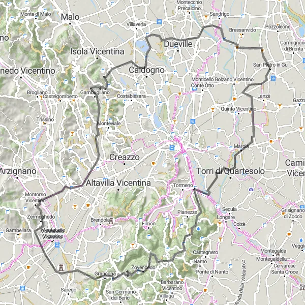 Miniature de la carte de l'inspiration cycliste "Traversée panoramique de Monte Mason" dans la Veneto, Italy. Générée par le planificateur d'itinéraire cycliste Tarmacs.app