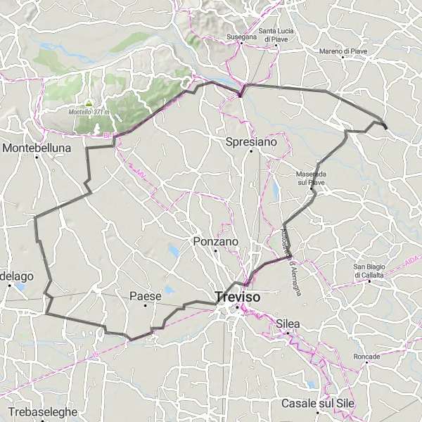 Miniaturní mapa "Trasa kolem Cimadolmo a Santa Maria del Piave" inspirace pro cyklisty v oblasti Veneto, Italy. Vytvořeno pomocí plánovače tras Tarmacs.app