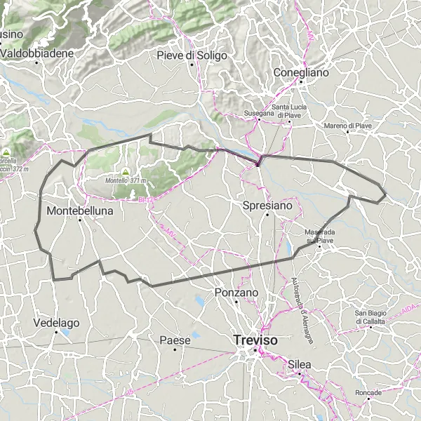 Zemljevid v pomanjšavi "Pot Cimadolmo - Tezze di Piave" kolesarske inspiracije v Veneto, Italy. Generirano z načrtovalcem kolesarskih poti Tarmacs.app