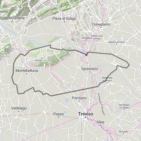 Miniatuurkaart van de fietsinspiratie "Fietsen door Villorba naar Tezze di Piave" in Veneto, Italy. Gemaakt door de Tarmacs.app fietsrouteplanner