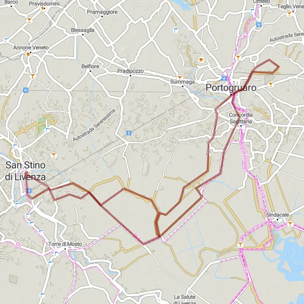 Map miniature of "San Stino di Livenza to Portogruaro and back" cycling inspiration in Veneto, Italy. Generated by Tarmacs.app cycling route planner